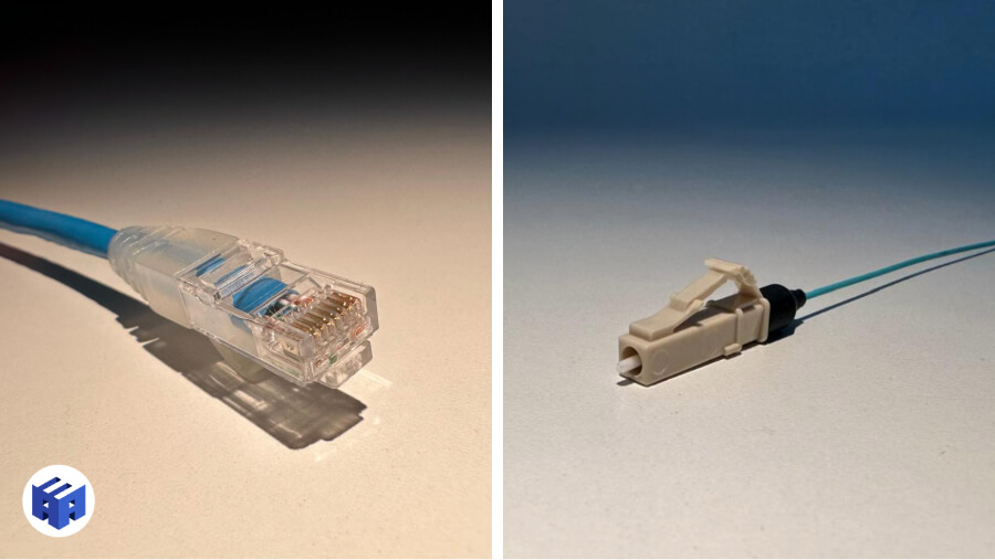 Imagem comparativa mostrando dois tipos de cabos de rede. À esquerda, um cabo de par trançado com um conector RJ45. À direita, um cabo de fibra óptica com conector LC, projetado para alta velocidade de transmissão de dados.