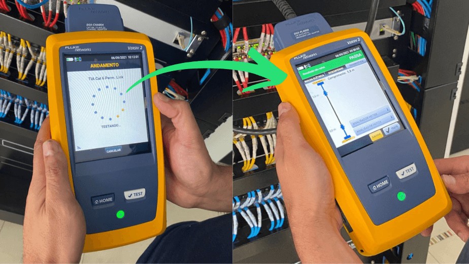 Certificador de Rede garantindo conformidade com as normas de cabeamento estruturado.