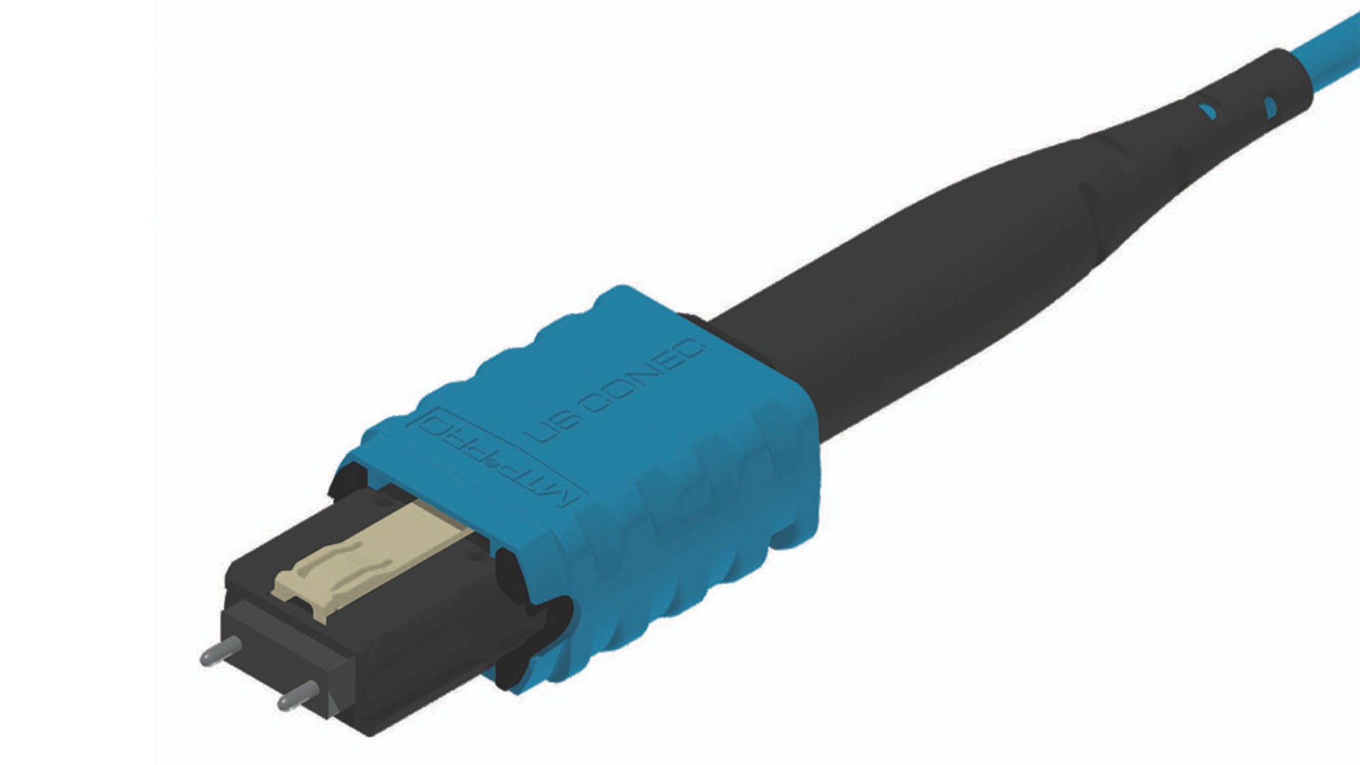 A imagem exibe uma representação em 3D de um conector Multi-fiber Push On (MPO), utilizado para cabeamento de fibra óptica de alta densidade e alta velocidade.