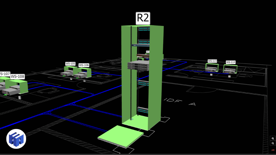 Exemplo de diagrama em perspectiva de um projeto de cabeamento estruturado, com o rack 'R2' conectado a estações de trabalho via rotas de cabeamento organizadas em um layout técnico detalhado.