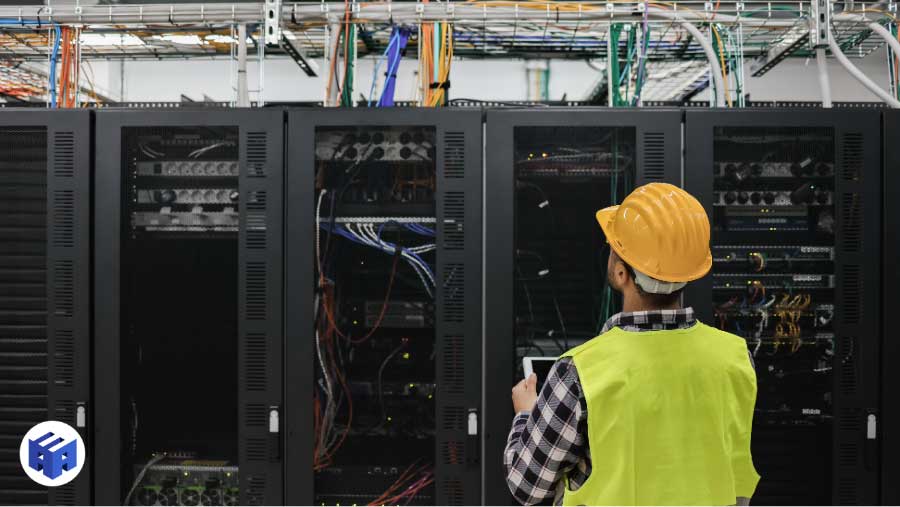 Técnico realizando inspeção em data center durante a etapa de site survey de um projeto de cabeamento estruturado. A imagem destaca a análise detalhada do ambiente físico, essencial para o planejamento e implementação eficaz da infraestrutura de rede, garantindo a conformidade com as normas técnicas e a otimização do desempenho da rede corporativa.