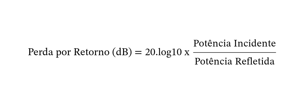 Fórmula de perda por retorno em redes - A imagem mostra a fórmula matemática para calcular a perda por retorno em decibéis (dB), que é ‘Perda por Retorno (dB) = 20.log10 x (Potência Incidente / Potência Refletida)’. Esta fórmula é usada para calcular a perda por retorno em uma transmissão de rede.