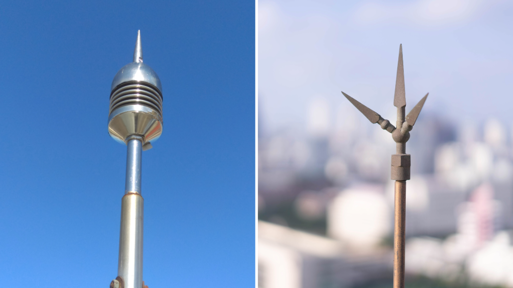 Dois tipos diferentes de para-raios, também conhecidos como captor ou terminal aéreo, instalados no topo de edifícios.