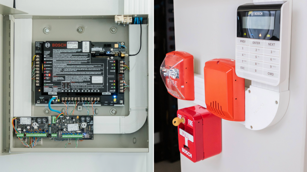 Imagem dividida em duas partes, cada uma mostrando diferentes componentes de um sistema de alarme de incêndio. À esquerda, uma caixa de metal cinza está aberta revelando os componentes internos de um painel de controle de alarme de incêndio da marca BOSCH. À direita, três componentes de um sistema de alarme de incêndio estão montados em uma parede branca.
Instalação de CFTV