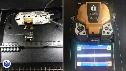 Realização de clivagem e fusão de fibra óptica para acomodação no DIO.