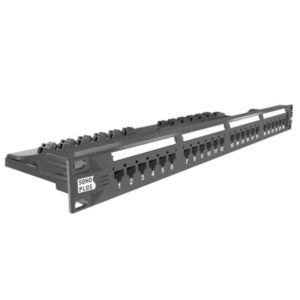 Imagem de um Patch Panel SohoPlus Cat6 24 Portas, ideal para organização e gerenciamento de cabos de rede em pequenos escritórios e ambientes residenciais. Design compacto com numeração clara das portas para fácil identificação e manutenção.