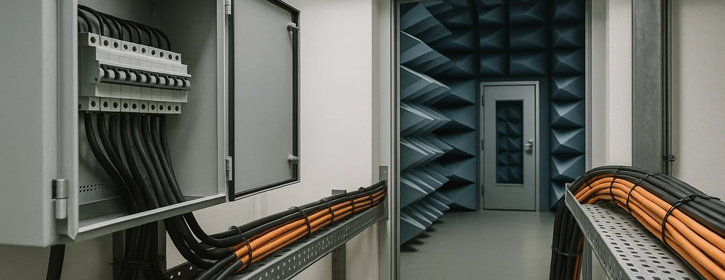 cabeamento estruturado em ambientes industriais - A imagem mostra o interior de uma sala técnica com duas bancadas metálicas paralelas, por onde passam cabos elétricos e de dados organizados em dutos. À esquerda vê-se um quadro de distribuição aberto, com múltiplos cabos grossos conectados a componentes internos.