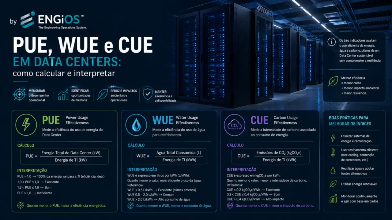 Infográfico explicadno PUE, WUE e CUE em Data Centers.